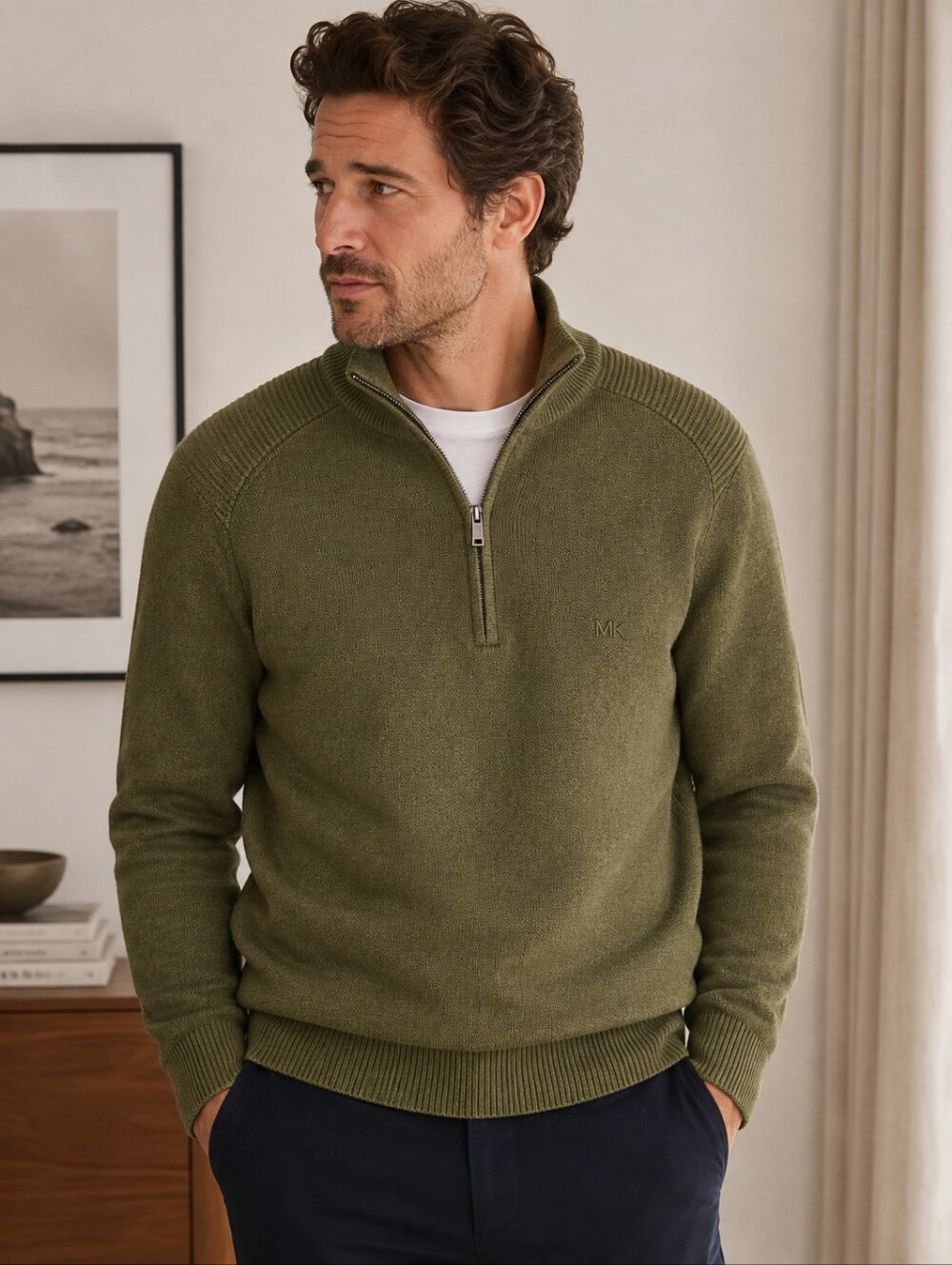 Michael Kors Olive Green Quarter-Zip Sweater | Size M